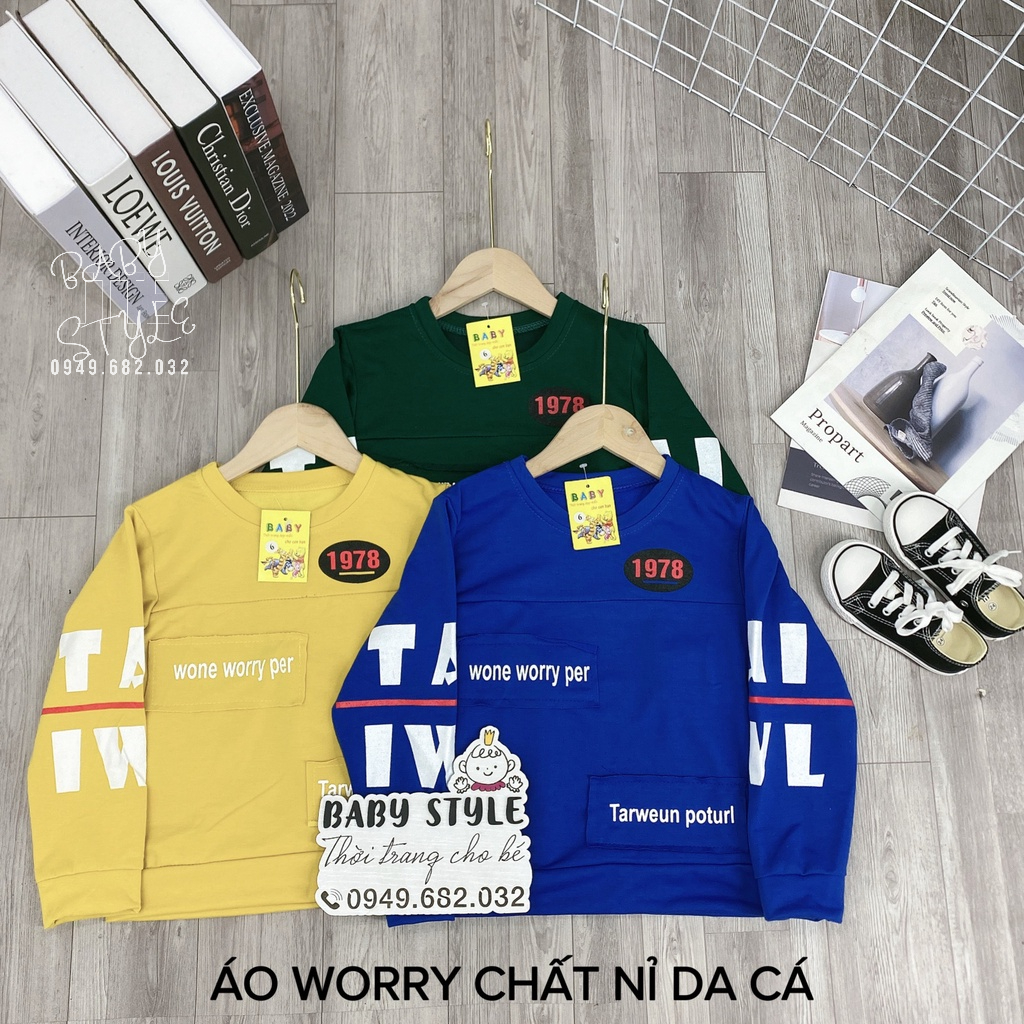 Áo thun nỉ - Áo sweater bé trai &quot;WORRY&quot; 14-45kg (4-14 tuổi). Thoải mái - ấm áp. Hàng may kỹ. B43