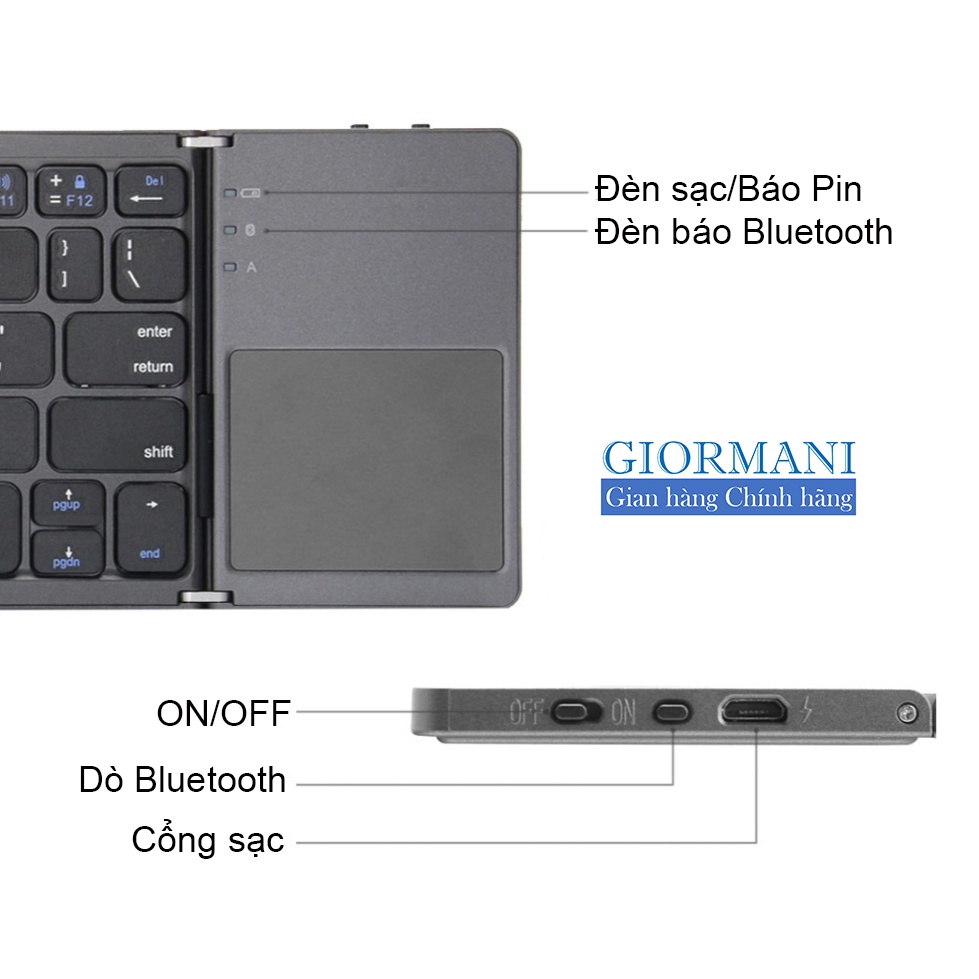 Bàn Phím Bluetooth mini gấp gọn + bàn di chuột cho Máy tính điện thoại AB33 - GIORMANI