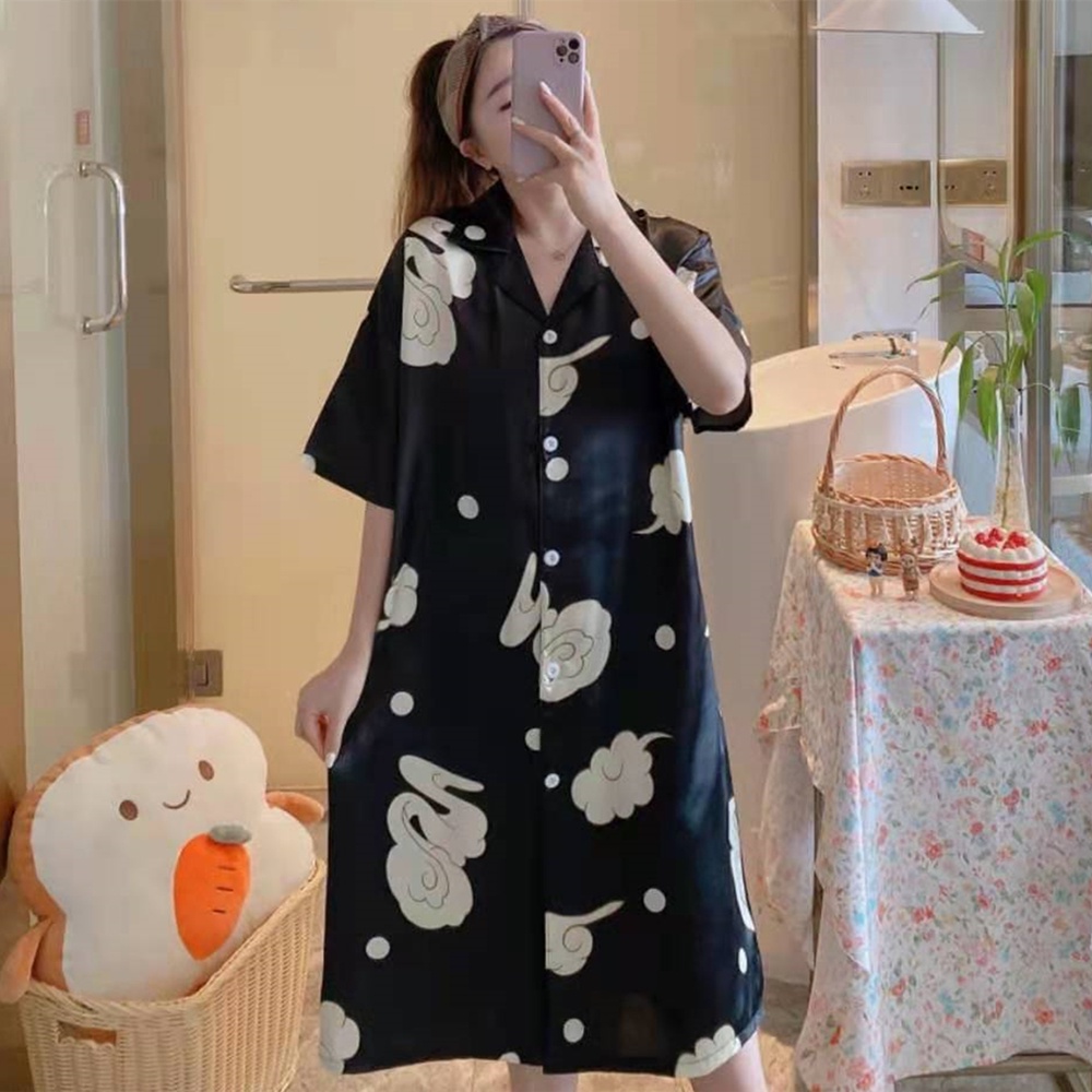 Đầm Ngủ Tay Ngắn Dáng Rộng Bằng Lụa Satin Thời Trang Hàn Quốc Cho Nữ Size M-2XL