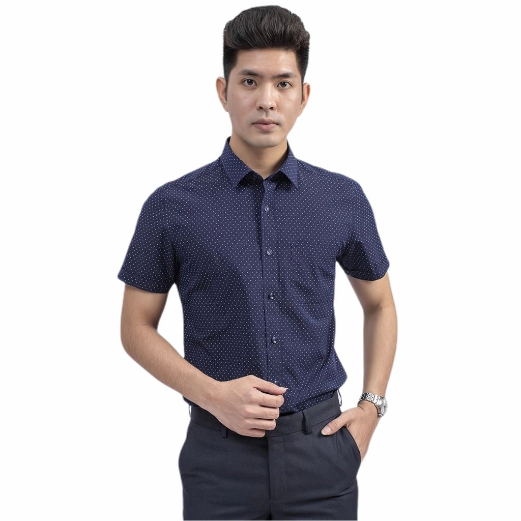 Áo sơ mi công sở nam ngắn tay Aristino màu xanh tím than họa tiết ô vuông trắng dáng regular fit vải sợi tre ASS064S9