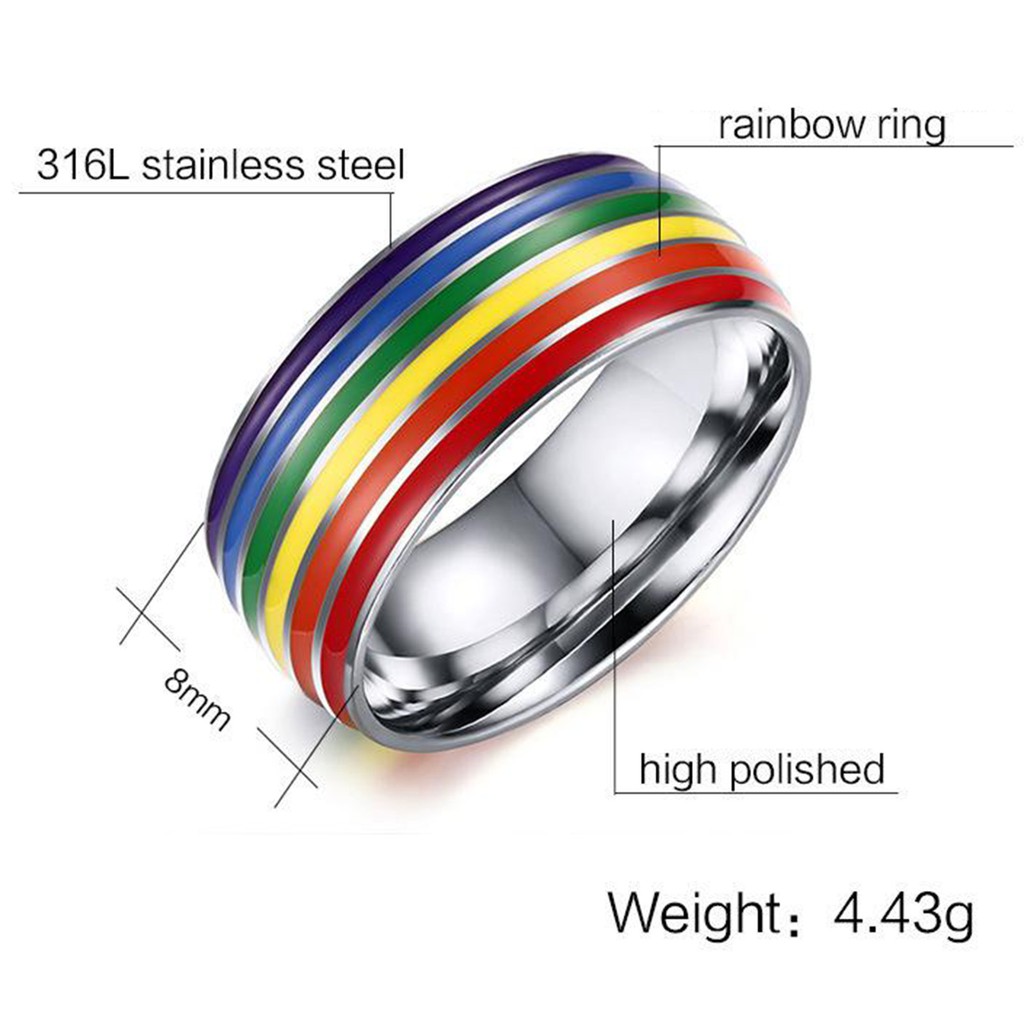 8mm Stainless Steel Enamel Rainbow LGBT Pride Ring US  7 Size  17.4mm