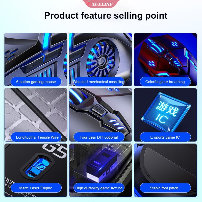 Chuột chơi game có dây G5 Đèn nền đầy màu sắc 6 nút Chuột im lặng Chuột chơi game 4 tốc độ 3200 DPI RGB cho chuột máy tính xách tay