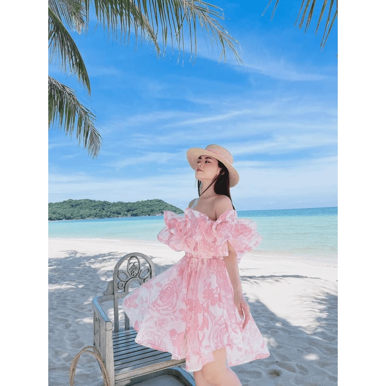 (Mẫu Mới) Đầm Thiết Kế HOT Trend --- Đầm Voan In Hở Vai Xinh Lung Linh UP h.h.p