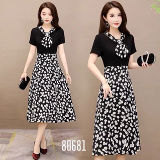 [Mẫu Siêu Hot] Đầm Thun Nhập  Phối Lụa Hoa Cúc ,Cổ Ép Đá Sang Chảnh 80681