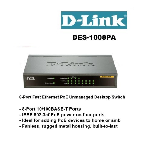 D-LINK DES-1008PA - Bộ chia cổng mạng 8 cổng 10 / 100 Mbps với 4 cổng PoE