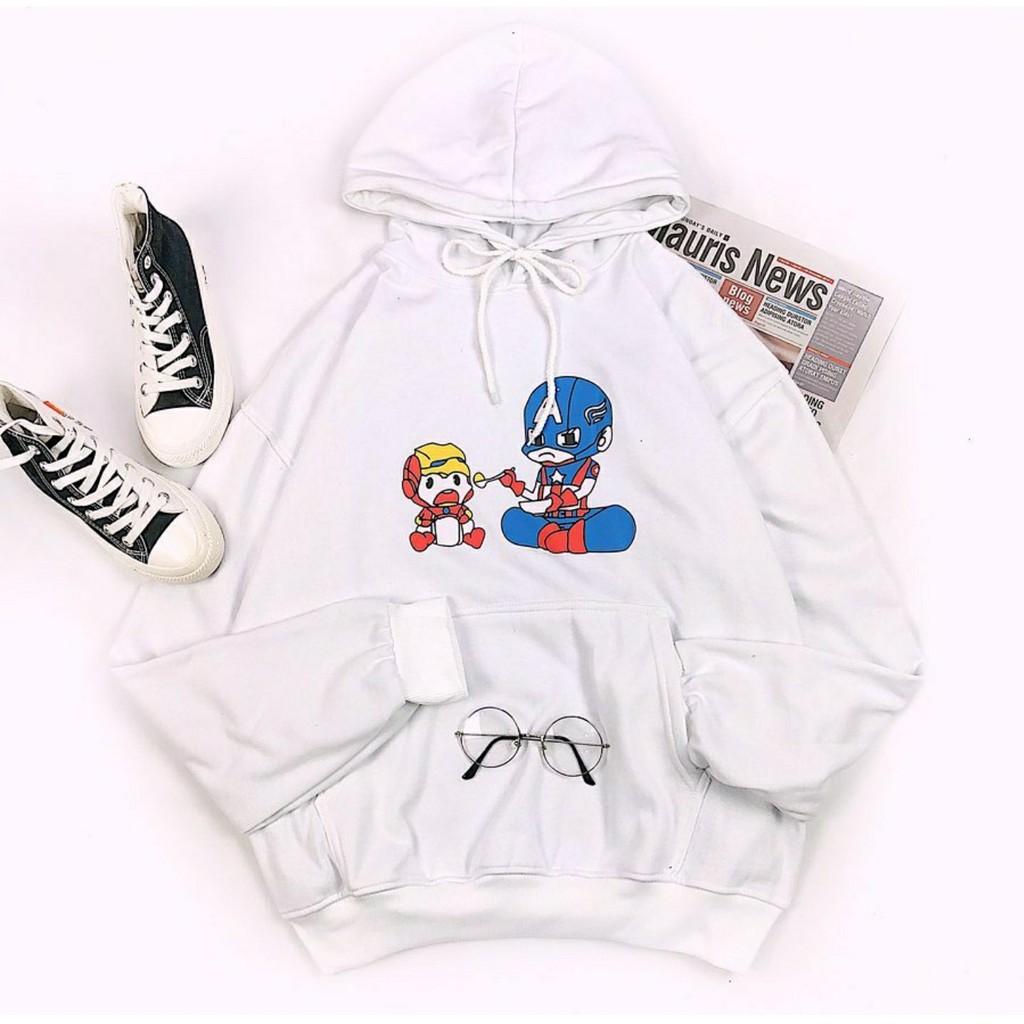 Áo Hoodie Nỉ Bông CAPTAIN x IRON MAN Unisex (Trắng/Đen)