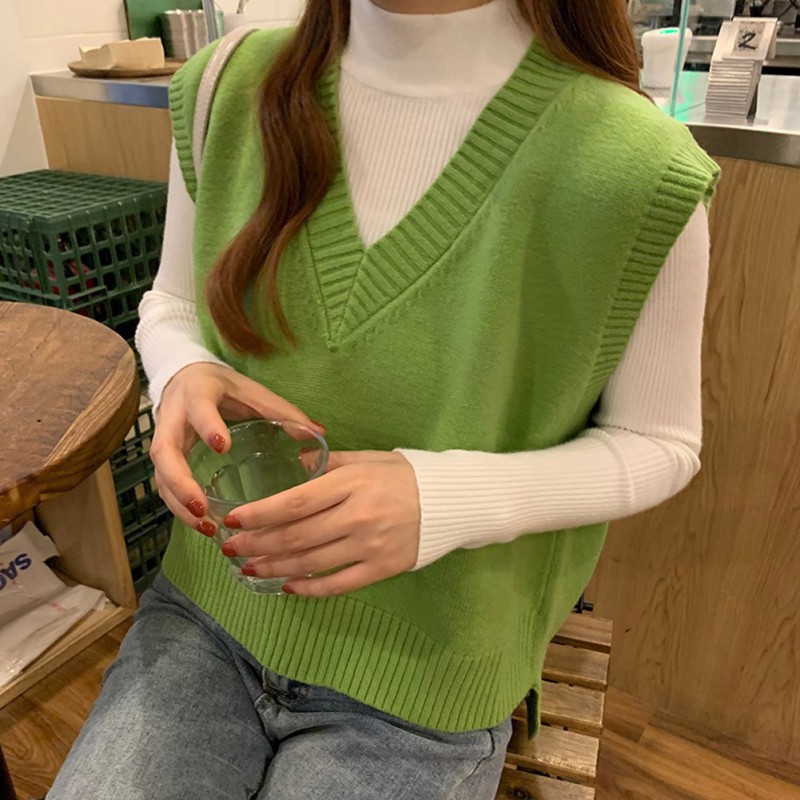 Áo len không tay cổ V phong cách Hàn Quốc