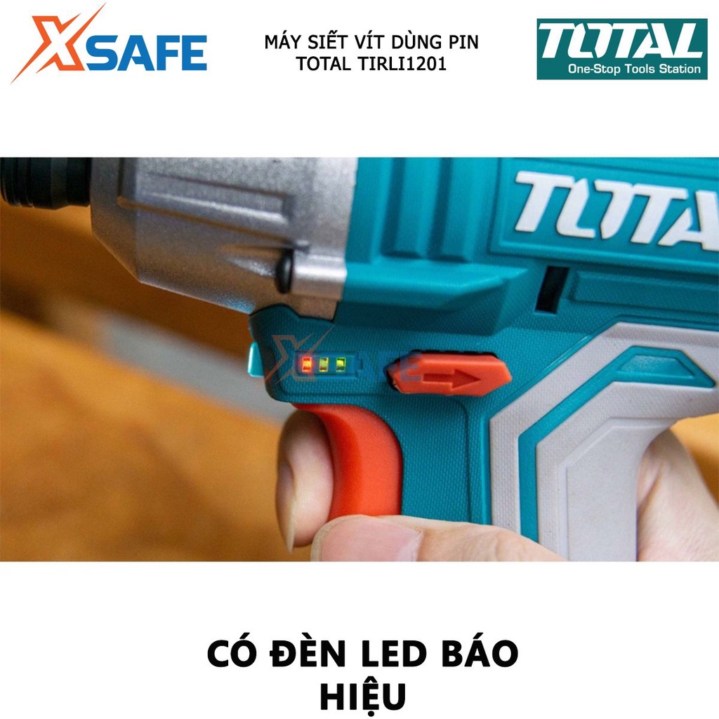 Máy bắn vít mini dùng pin 12V TOTAL TIRLI1201 điện áp sạc 220V tốc độ 2000v/p, tốc độ búa 2800ipm, đầu lục giác 1/4&quot;