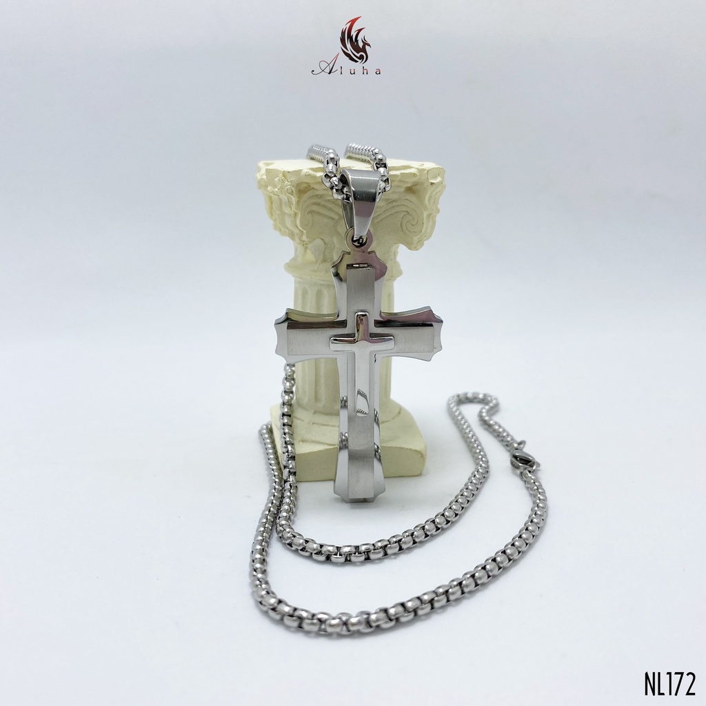 Dây chuyền Titan không rỉ Thánh giá ba lớp, lớp giữa phay xước kiểu dáng hiện đại dễ phối đồ - NL172 - Aluha