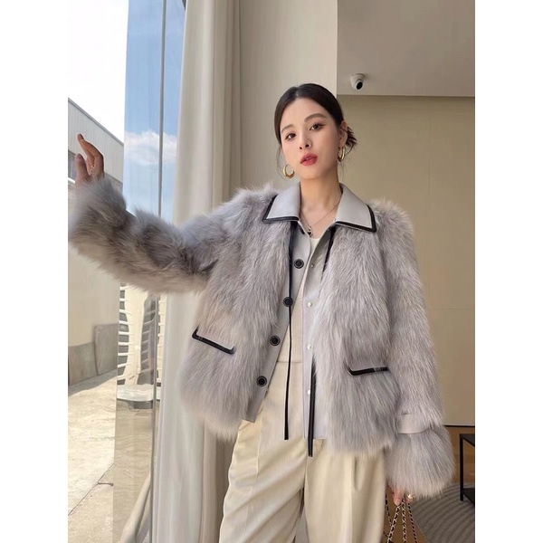 Áo khoác lông viền da nhấn viền đen