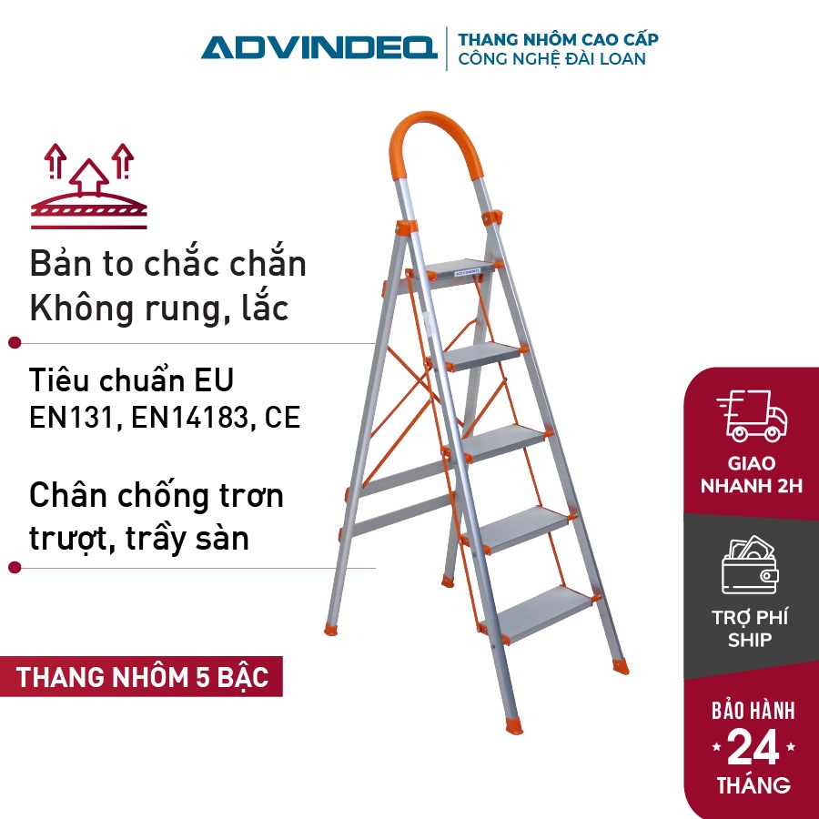 Thang ghế nhôm tay vịn 5 bậc cao 1,66M bản to xếp gọn ADVINDEQ ADS-705,Thang chữ A gia đình đa năng rút gọn