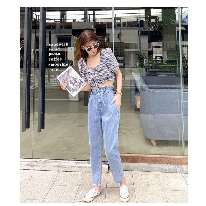 quần jean baggy big size lưng cao 3 nút xanh wash size 70-100kg