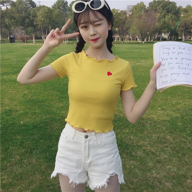 Áo Croptop Tay Ngắn Cuốn Biên Thêu Trái Tim
