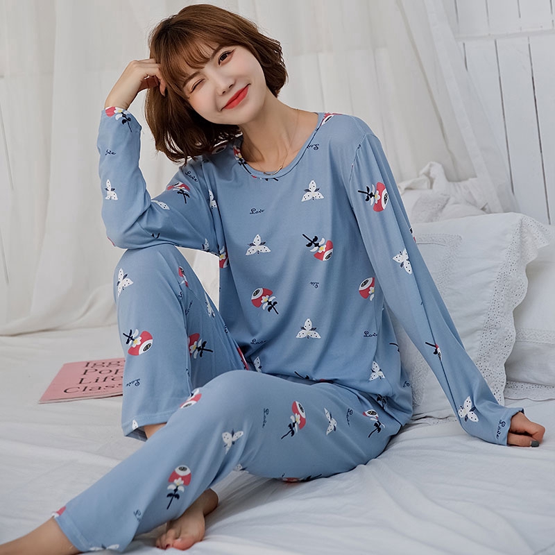 xiaohan korea spring autumn loose female nightwear round neck long sleeve sleepwear set cute cartoon print women Large size baju tidur | BigBuy360 - bigbuy360.vn