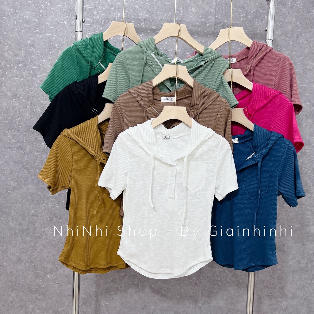 Áo thun tăm cúc ngực có mũ, Áo kiểu cài cúc dáng ôm túi ngực co giãn AT6532 - NhiNhi Shop