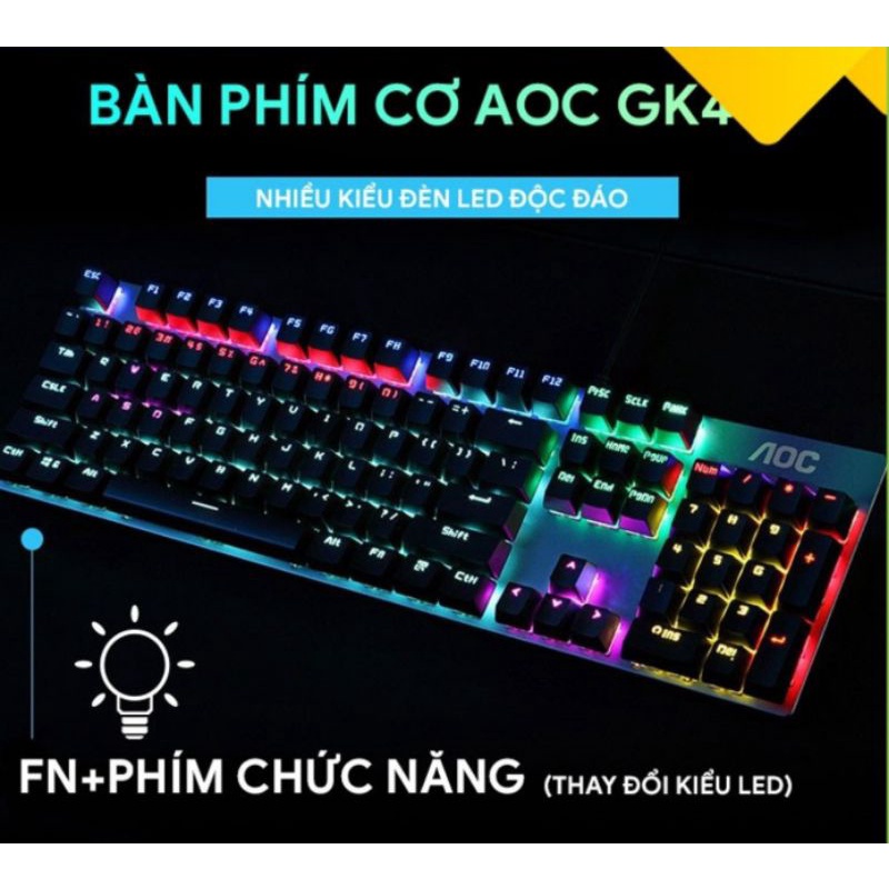 Bàn phím cơ AOC GK410 , phím cơ led Rainbow rất đẹp - Hàng chính hãng AOC