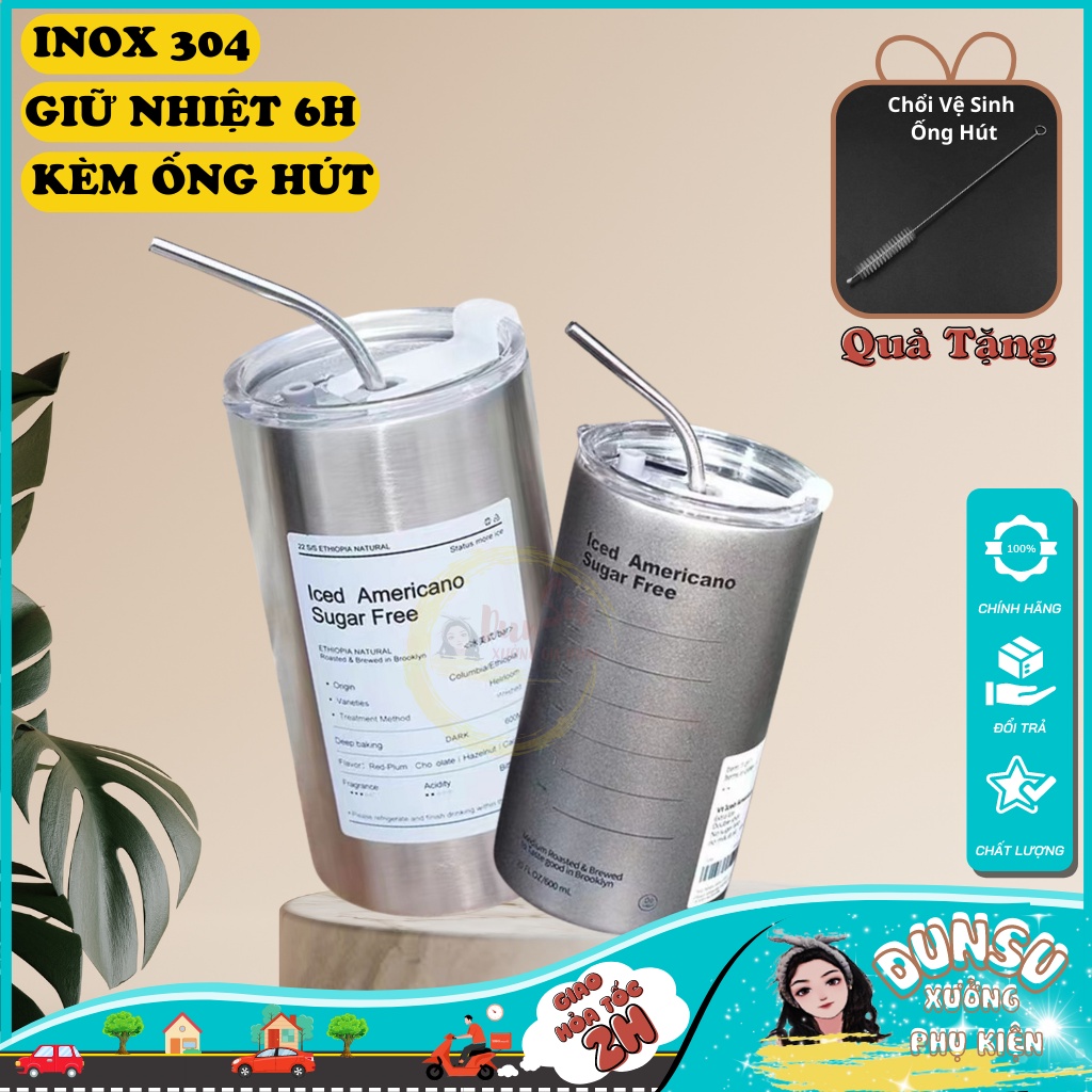Cốc Uống Nước Giữ Nhiệt 600ML Mini Ly Giữ Nhiệt Inox 304 Có Ống Hút Ly Uống Coffee Hiệu Suất 6-8 Tiếng DunSu