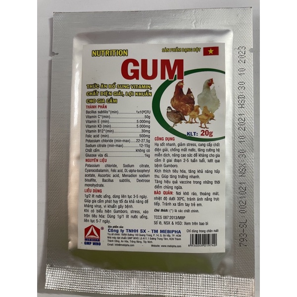 GUM 20gr cung cấp điện giải, tăng đề kháng cho gà đá, gia cầm