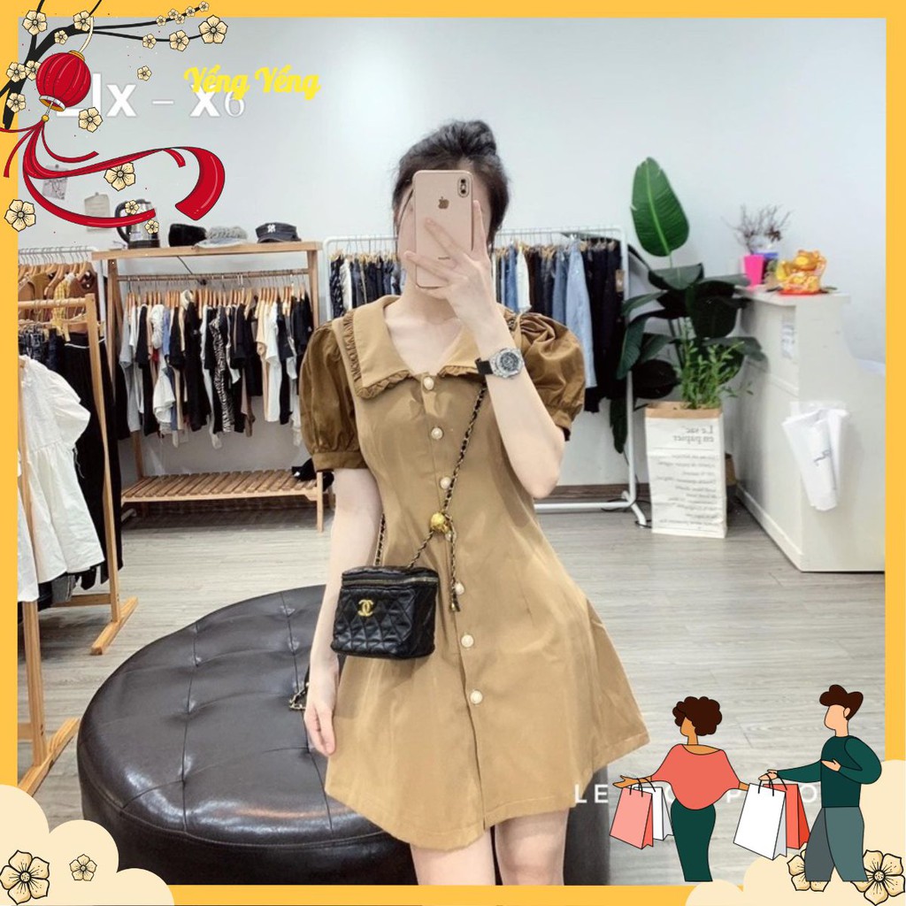 VNU248 - VÁY DÁNG A KAKI BE TAY NÂU CỔ VIỀN BÈO