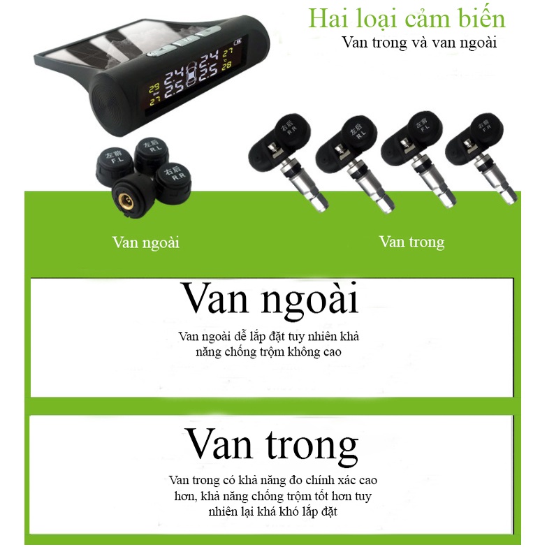 Cảm Biến Áp Suất Lốp TPMS van trong, van ngoài, pin sạc năng lượng mặt trời, màn hình led màu - D1056