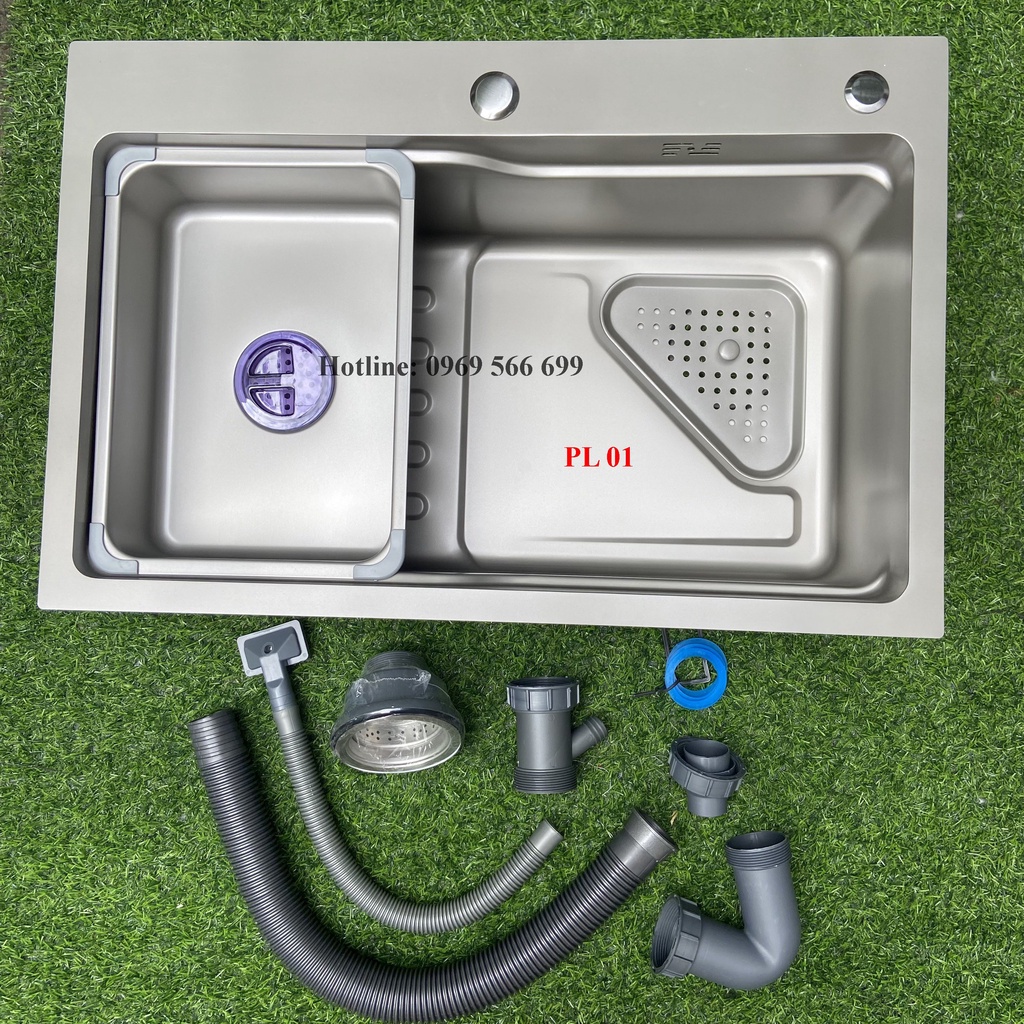 Chậu rửa chén 1 hố68x45 full phụ kiện màu xám