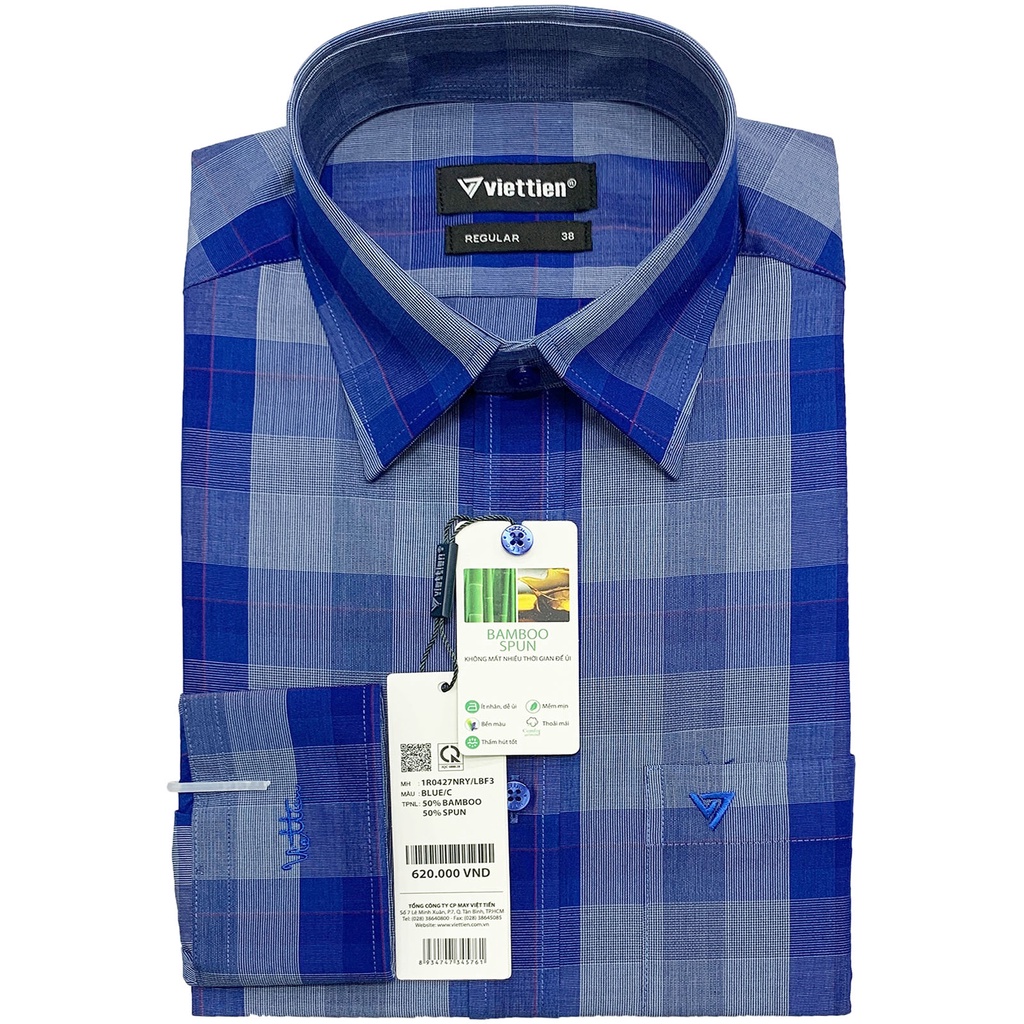 Viettien - Áo sơ mi nam dài tay ca rô 1R0427 regular chất liệu sợi tre