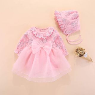 Váy cái khuy đũng kèm mũ dài tay cho bé từ đầy tháng -12M