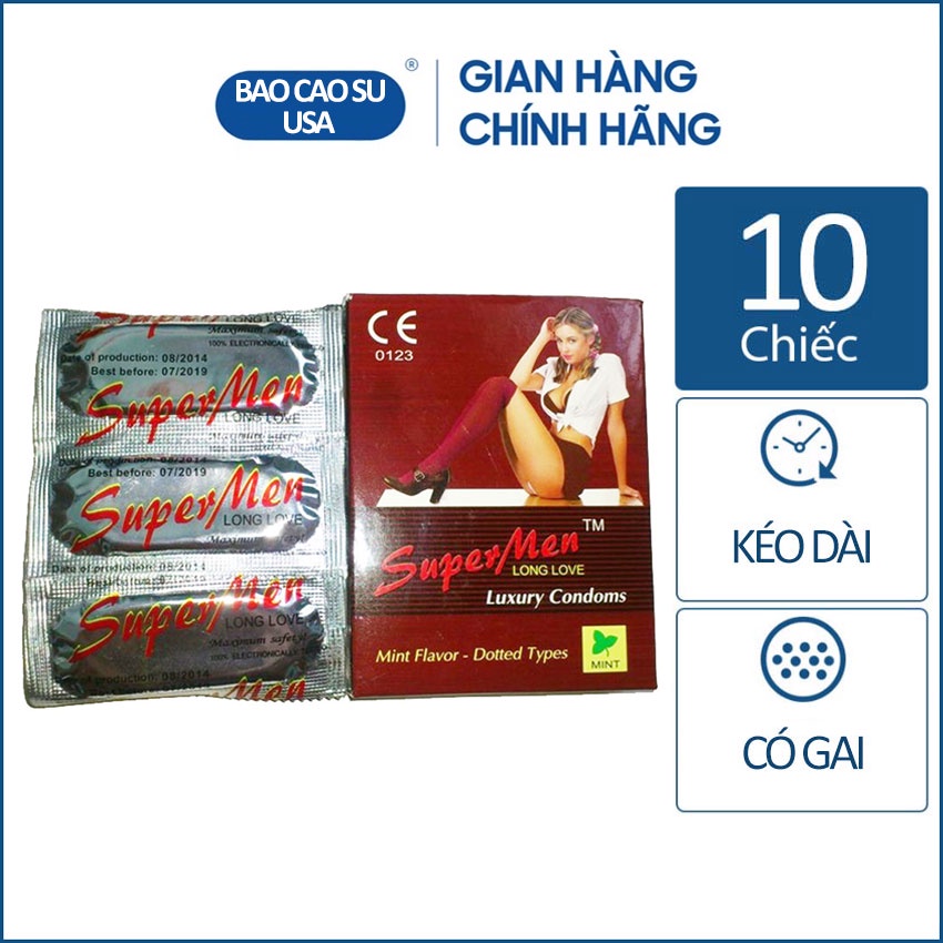 Hộp 10 cái bao cao su Super Men có gai và kéo dài quan hệ