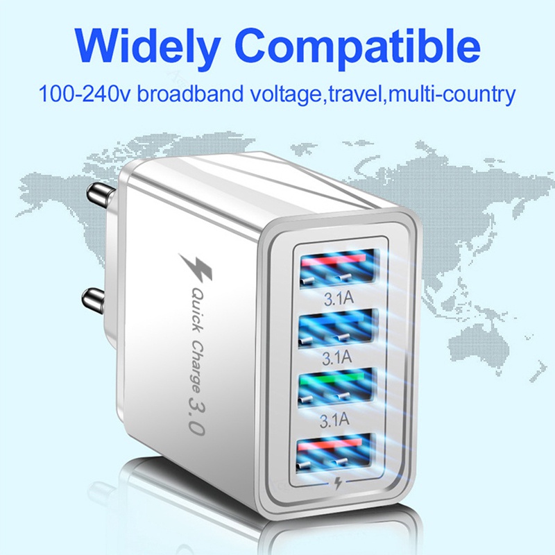 Củ Sạc Nhanh 4 Cổng USB 5V3A Type-C QC3.0 Có Đèn LED