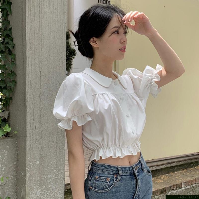 Áo croptop tay phồng ngắn màu trơn phối nút thời trang cho nữ