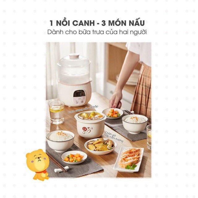 [Bản Quốc Tế] Nồi Bear 0,8l Nấu Cháo Cho Bé, Ninh Hầm Cách Thuỷ Kèm Lồng Hấp