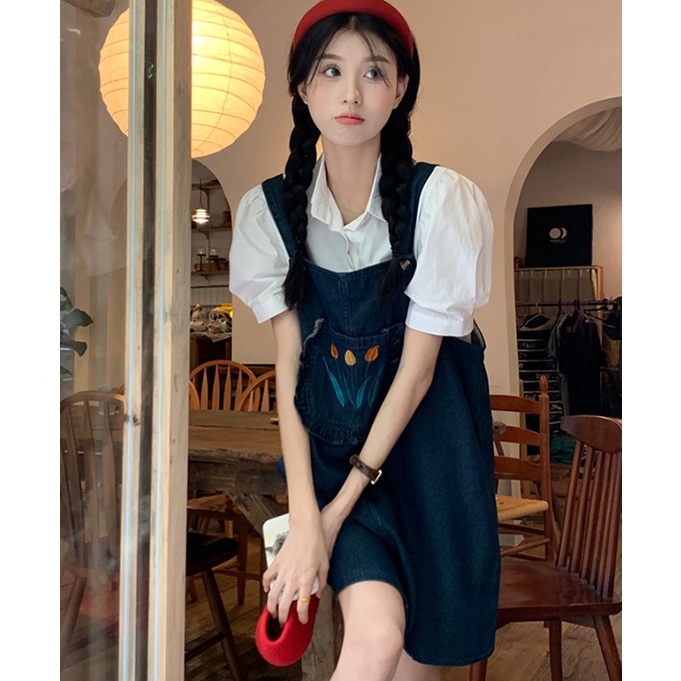 Váy yếm DENIM túi hoa tulip không tay chất jean mềm mại phong cách Hàn Quốc HITA22_STORE.