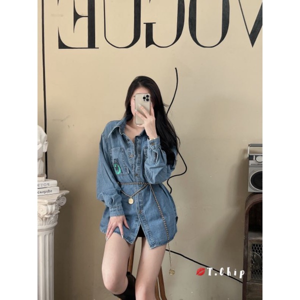 Áo sơmi jean chữ túi lệch hàng QCL1