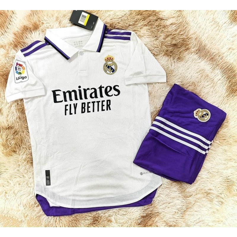Set quần áo CLB Real Madrid 2022/2023 - Áo có cổ - Áo trắng quần tím