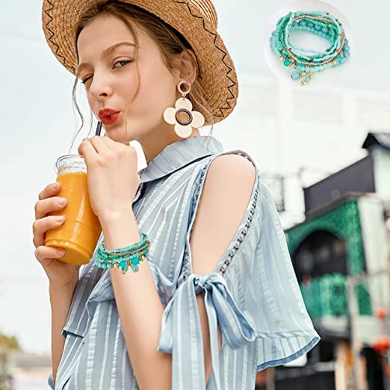Set 8 Vòng Tay Hạt Đá Nhiều Lớp Tua Rua Phong Cách Bohemian Thời Trang Cho Nữ