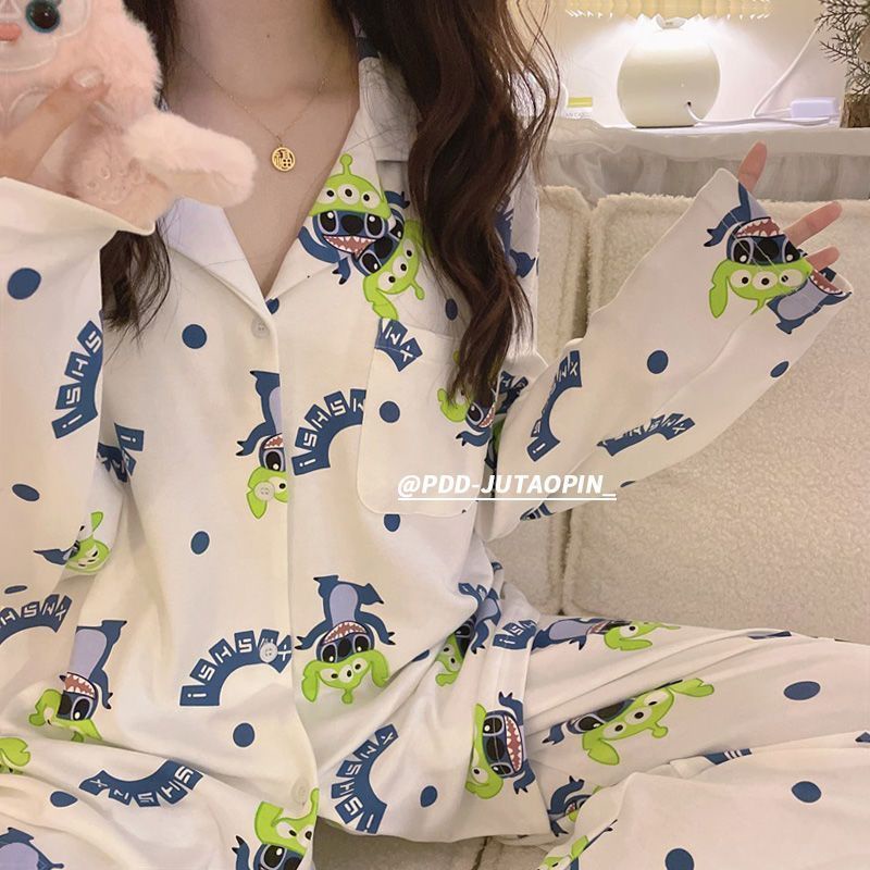 Bộ Đồ Ngủ Tay Dài In Họa Tiết Gấu Và Dâu Tây Dễ Thương Thời Trang Thu Đông Cho Nữ