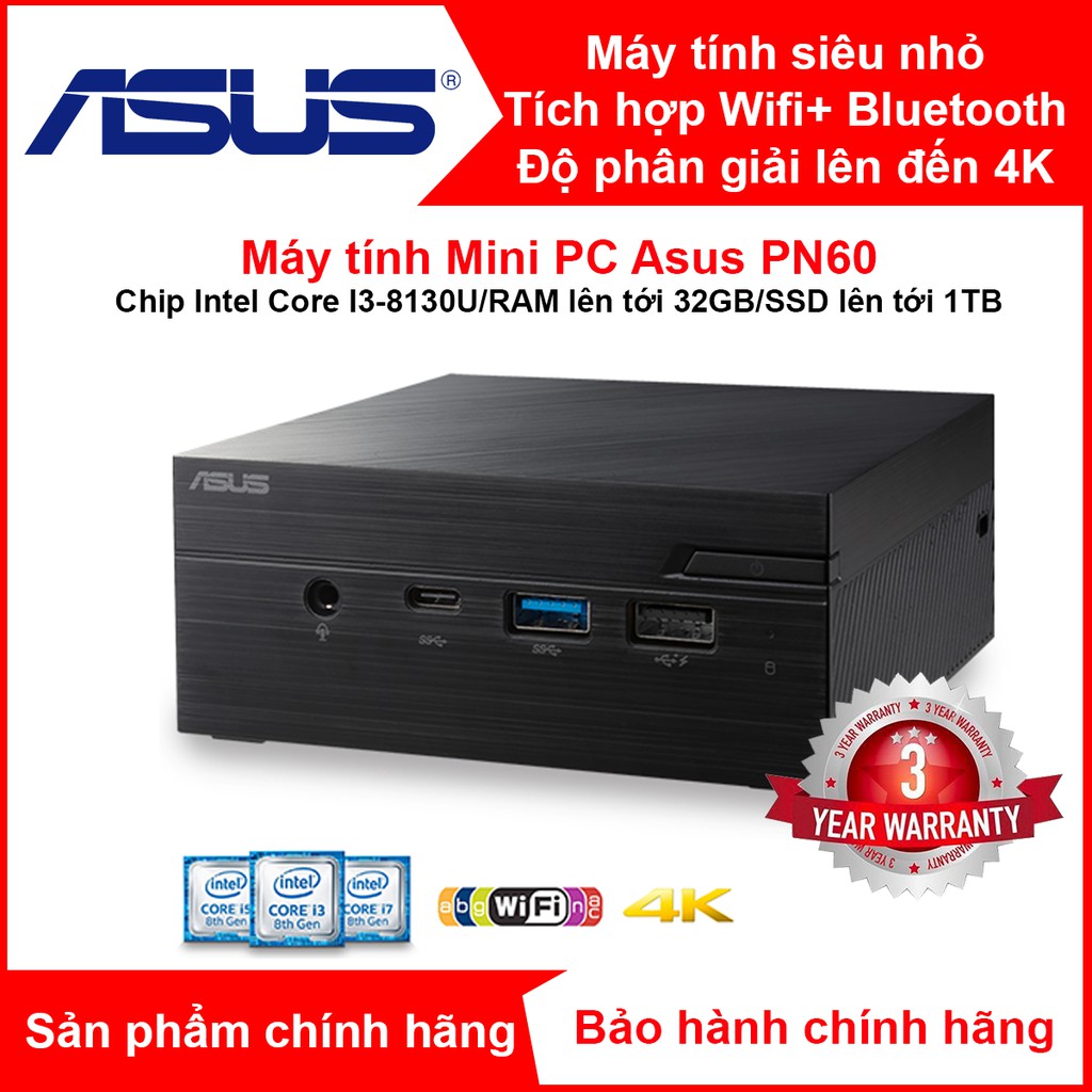 Máy tính siêu nhỏ ASUS MiniPC PN60 Chip i3-8130u/SSD/RAM DDR4/4K UHD support, Wi-Fi - Hàng chính hãng