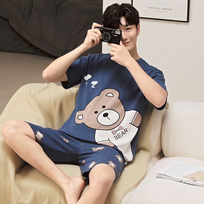 Bộ Đồ Ngủ Tay Ngắn Chất Liệu Cotton Mỏng In Họa Tiết Hoạt Hình Thời Trang Xuân Hè Cho Nam