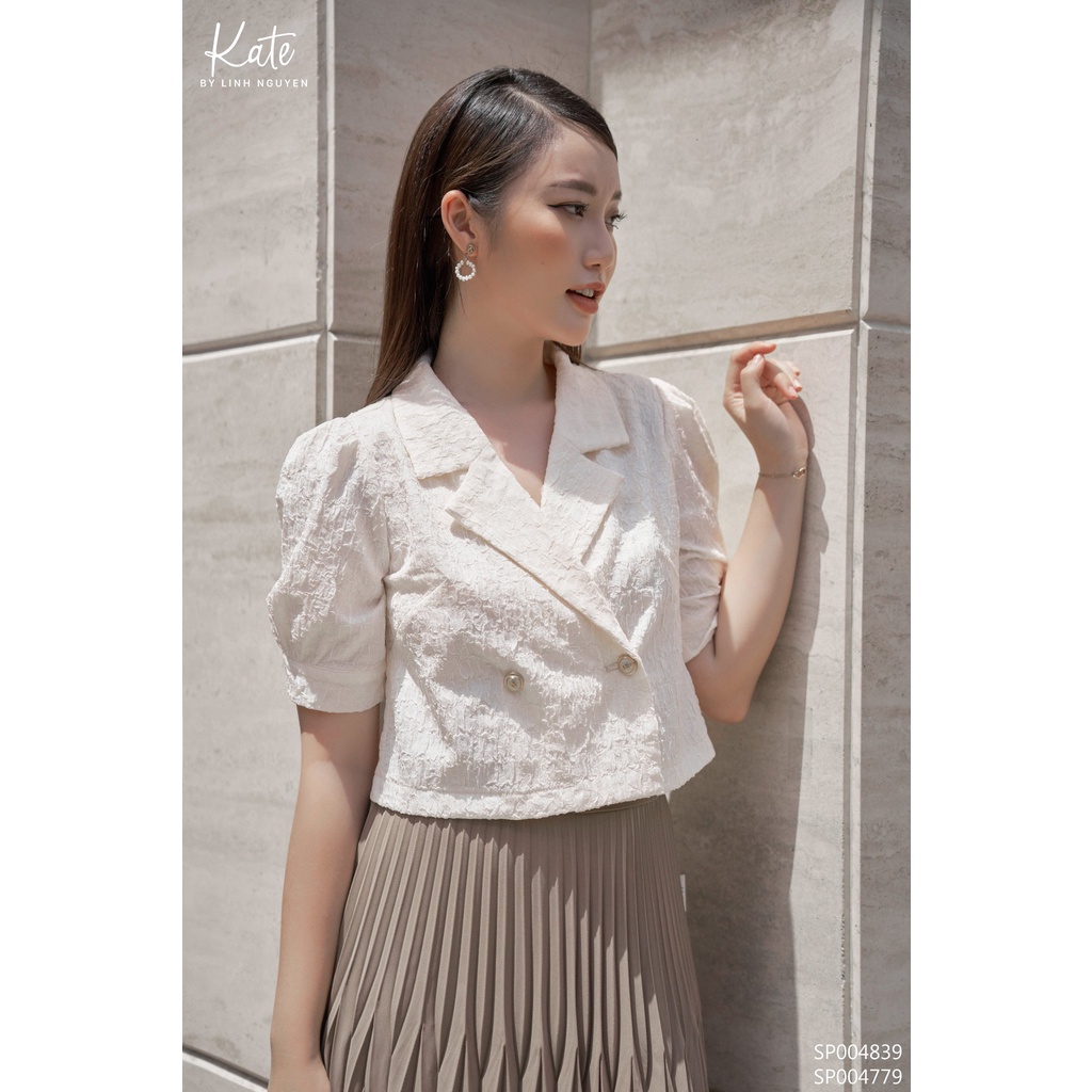 Áo croptop tằm ép trắng kem 4839 chân váy xếp ly lá nâu 4779 thời trang thiết kế KATE By Linh Nguyen
