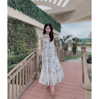 Váy midi cổ thuyền sát nách bèo thêu hoa đuôi cá 0VMD.01118