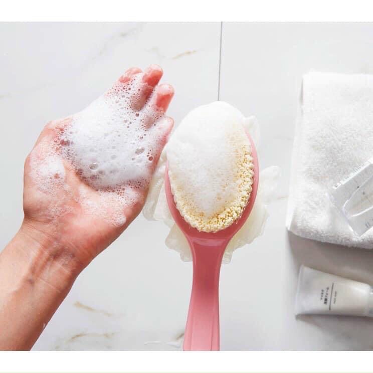 Cọ lưng tắm 2 đầu có cán cầm - bông tắm kèm bàn chải - có dây móc treo