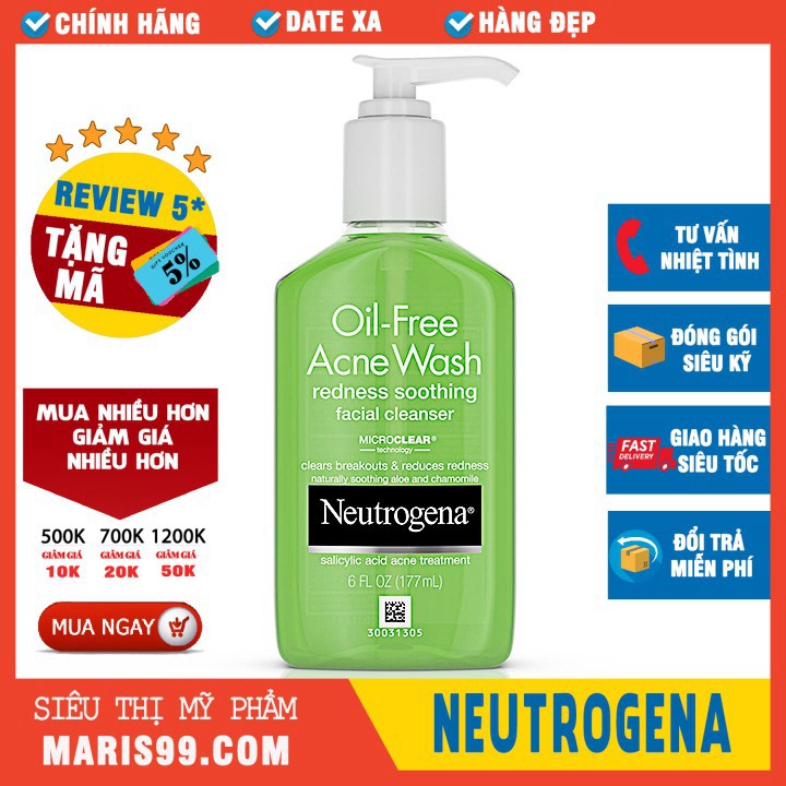 Sữa Rửa Mặt Neutrogena Oil Free Acne Wash Redness Soothing Facial Cleanser (177ml) _ NTG012SRM