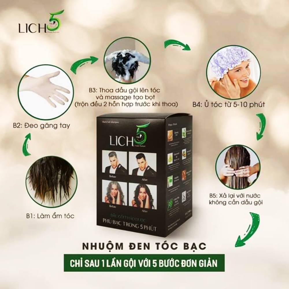 Dầu gội phủ bạc Lich5 - Cỏ cây hoa lá. Hộp 10 gói