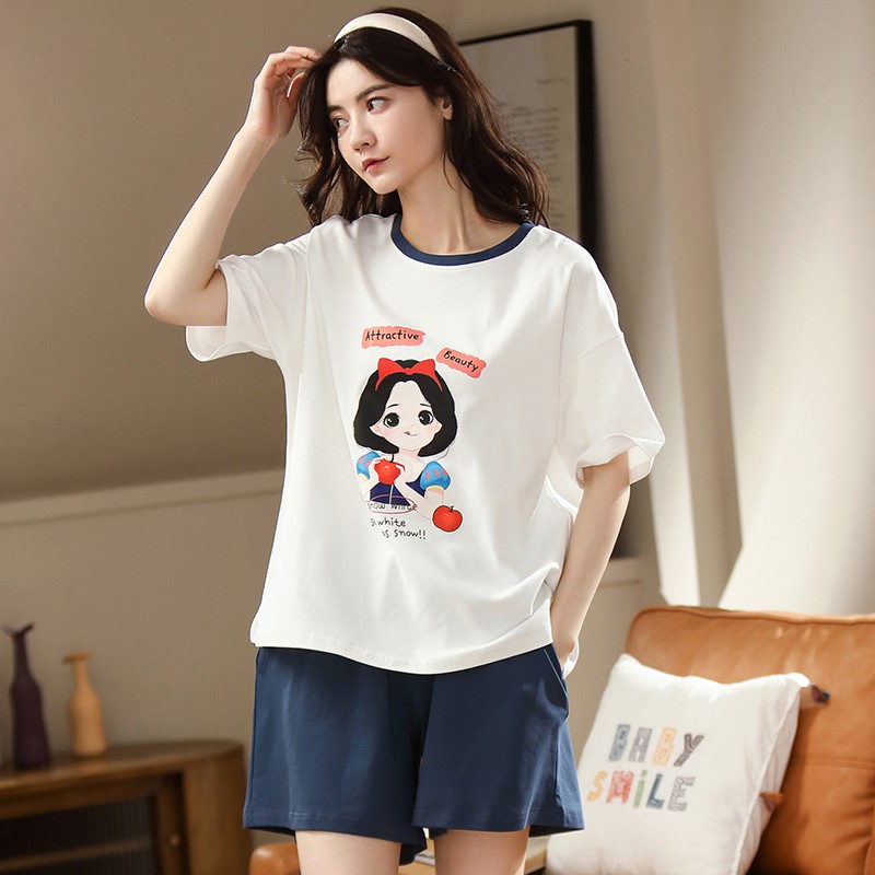 Bộ Đồ Ngủ Pijama Cotton Ngắn Tay Họa Tiết Gấu Đáng Yêu Cho Nữ