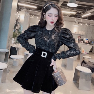 Áo voan lông + chân váy nhung