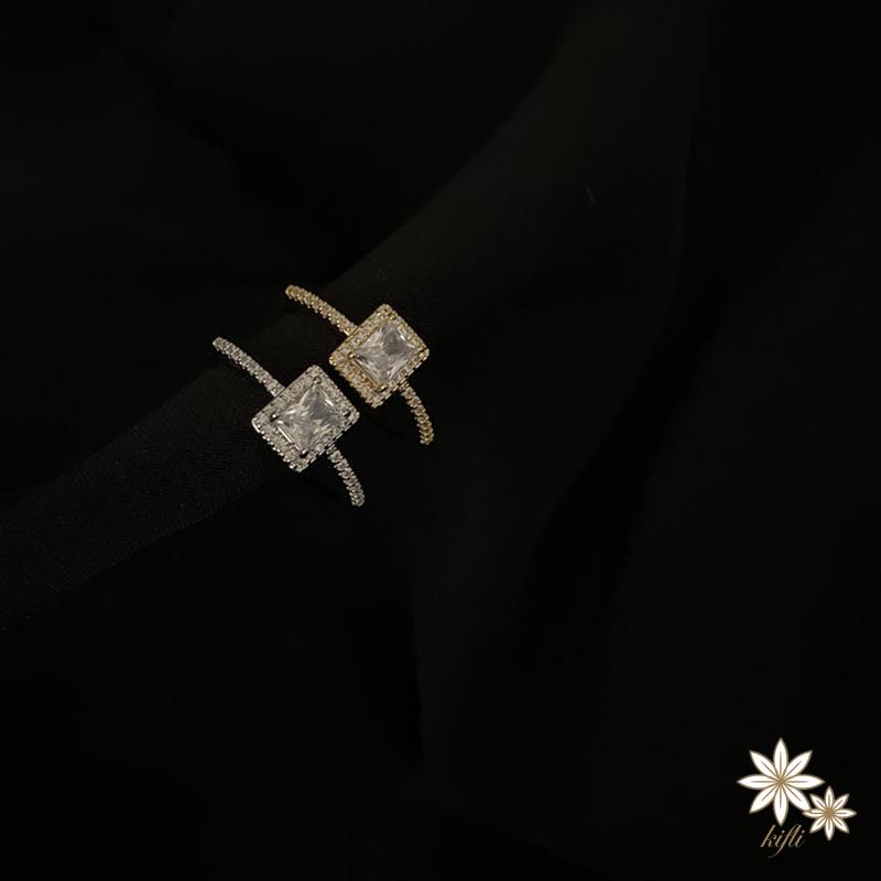 【kifli】Nhẫn Hở Đính Đá Zircon Hình Vuông Có Thể Điều Chỉnh Phong Cách Hàn Quốc Tinh Tế Cho Nữ