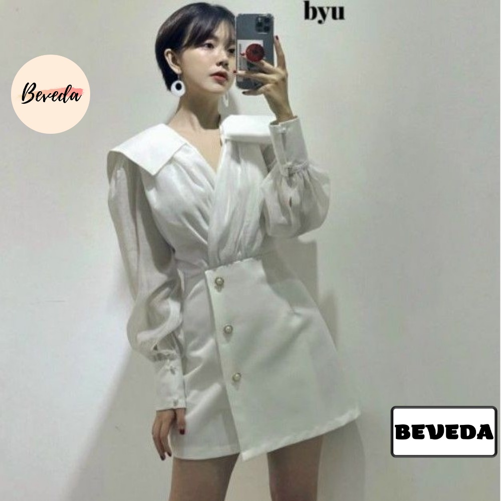 Đầm Trắng Phối Voan Tơ Cổ Đắp Chân Váy Đính Nút
