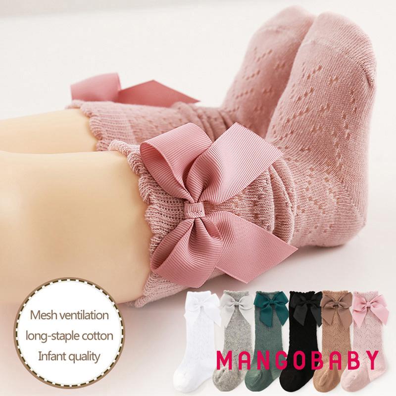 Vớ Cotton Phối Lưới Màu Trơn Thoáng Khí Đính Nơ Trang Trí Xinh Xắn Cho Bé Gái 0-3 Tuổi