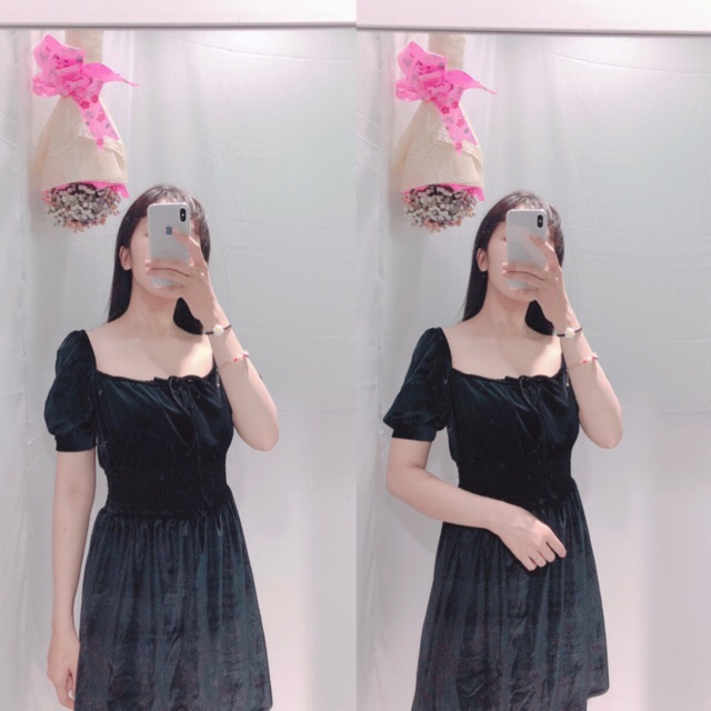 (ẢNH THẬT) ĐẦM NHUNG XÒE NHÚN CHỈ EO