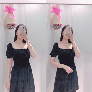 Đầm nhung xòe nhún chỉ eo